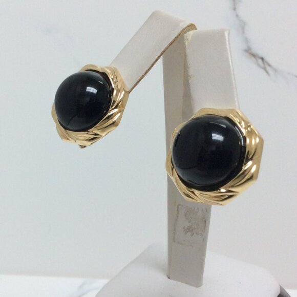 14k Yellow Real Gold Round Onyx stud lady earrings 10gr - Picture 1 of 7